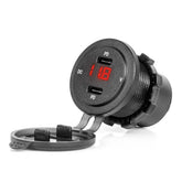 Cargador impermeable para coche con dos puertos USB-C y voltímetro digital