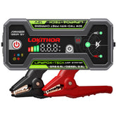 Lokithor Jumpstarter J1350 PRO 12V 1350A with clamps and display showing voltage and status indicators.