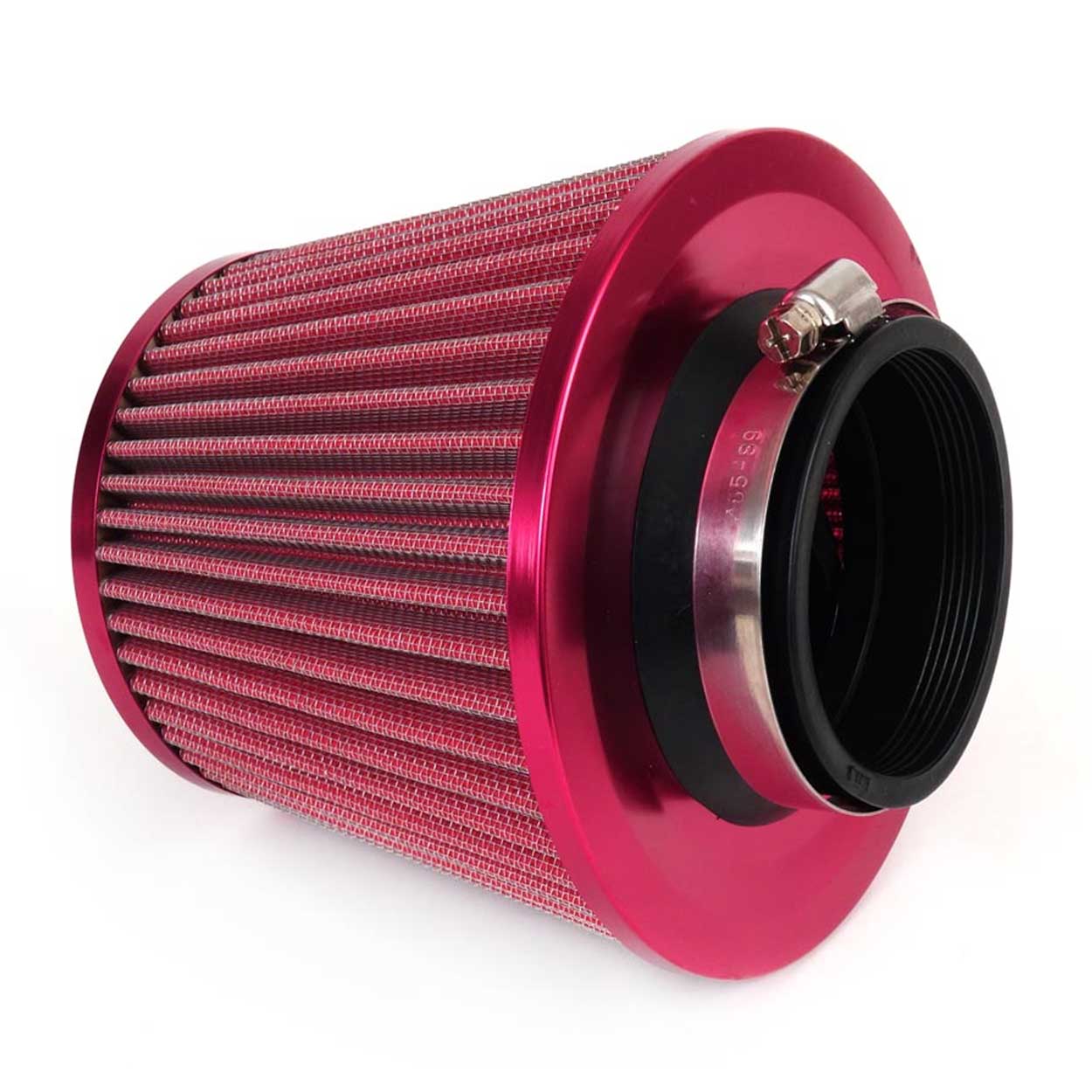 Konisk rødt luftfilter set fra siden