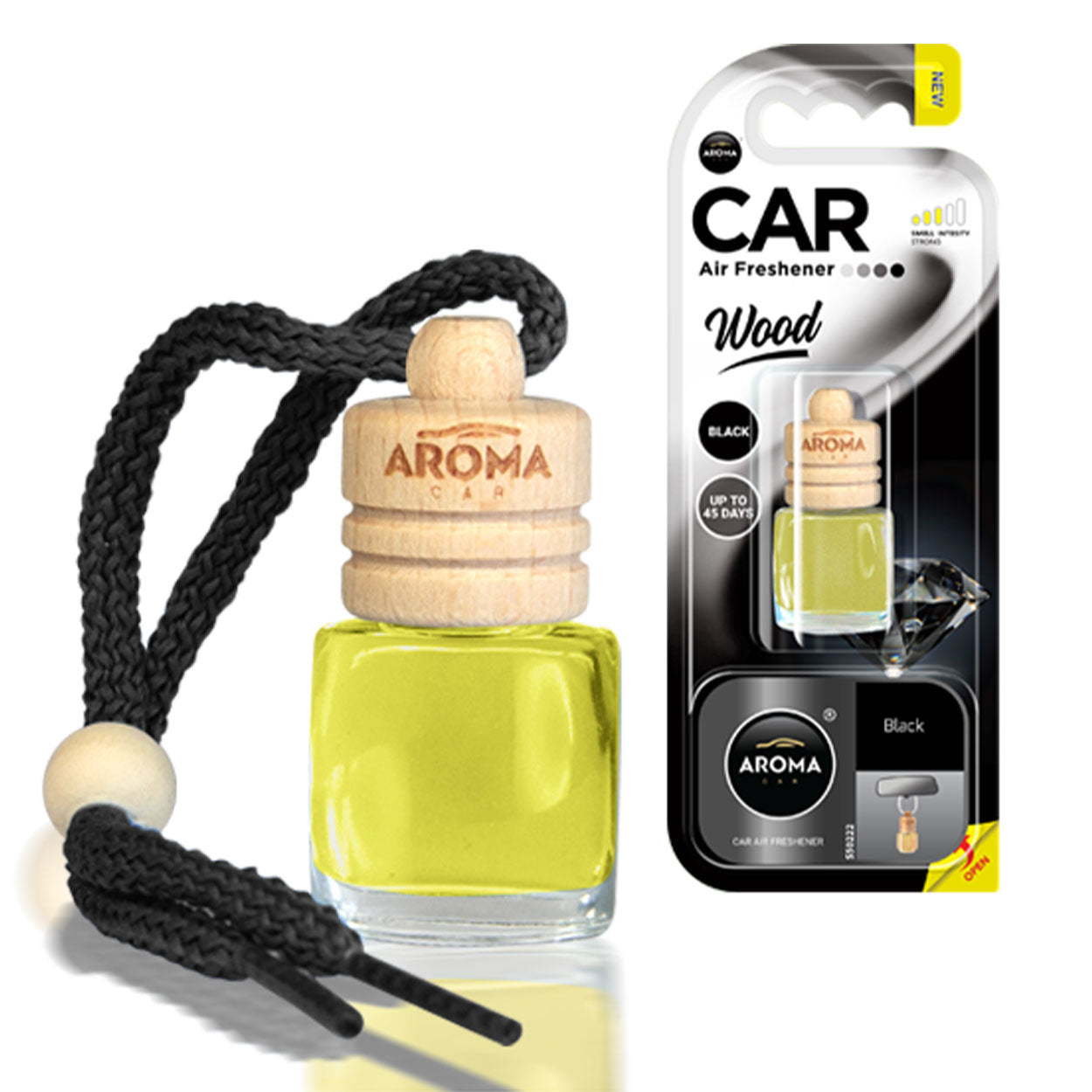 Ambientador para coche Aroma Wood Black con frasco de cristal y tapón de madera