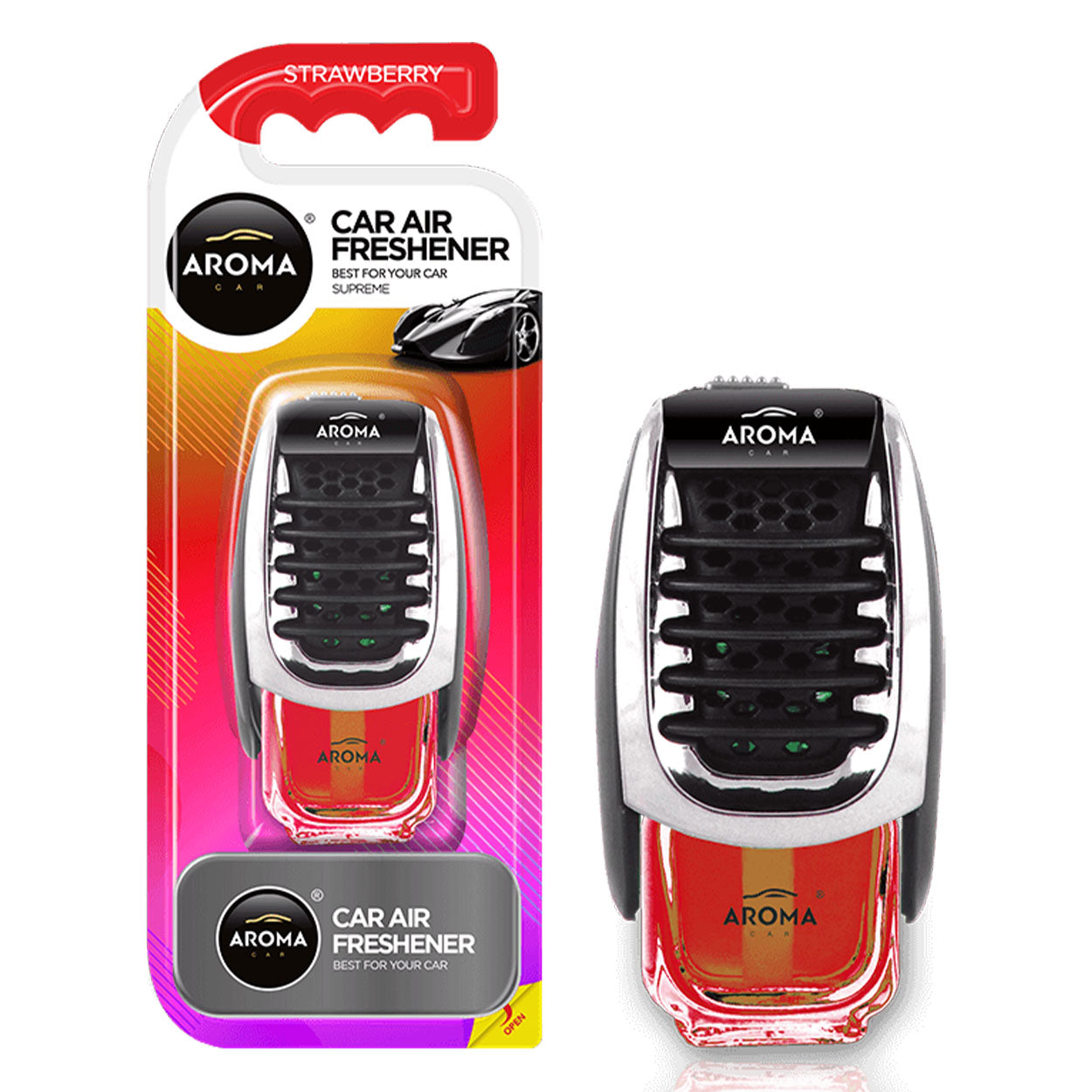 Aroma Car Supreme Strawberry luftfrisker monteret i bilens ventilationsrist
