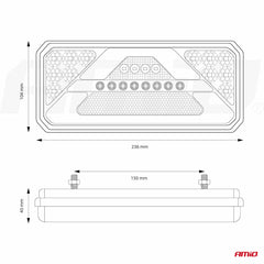 LED bagkombinationslygte med mål på 236 x 104 x 40 mm