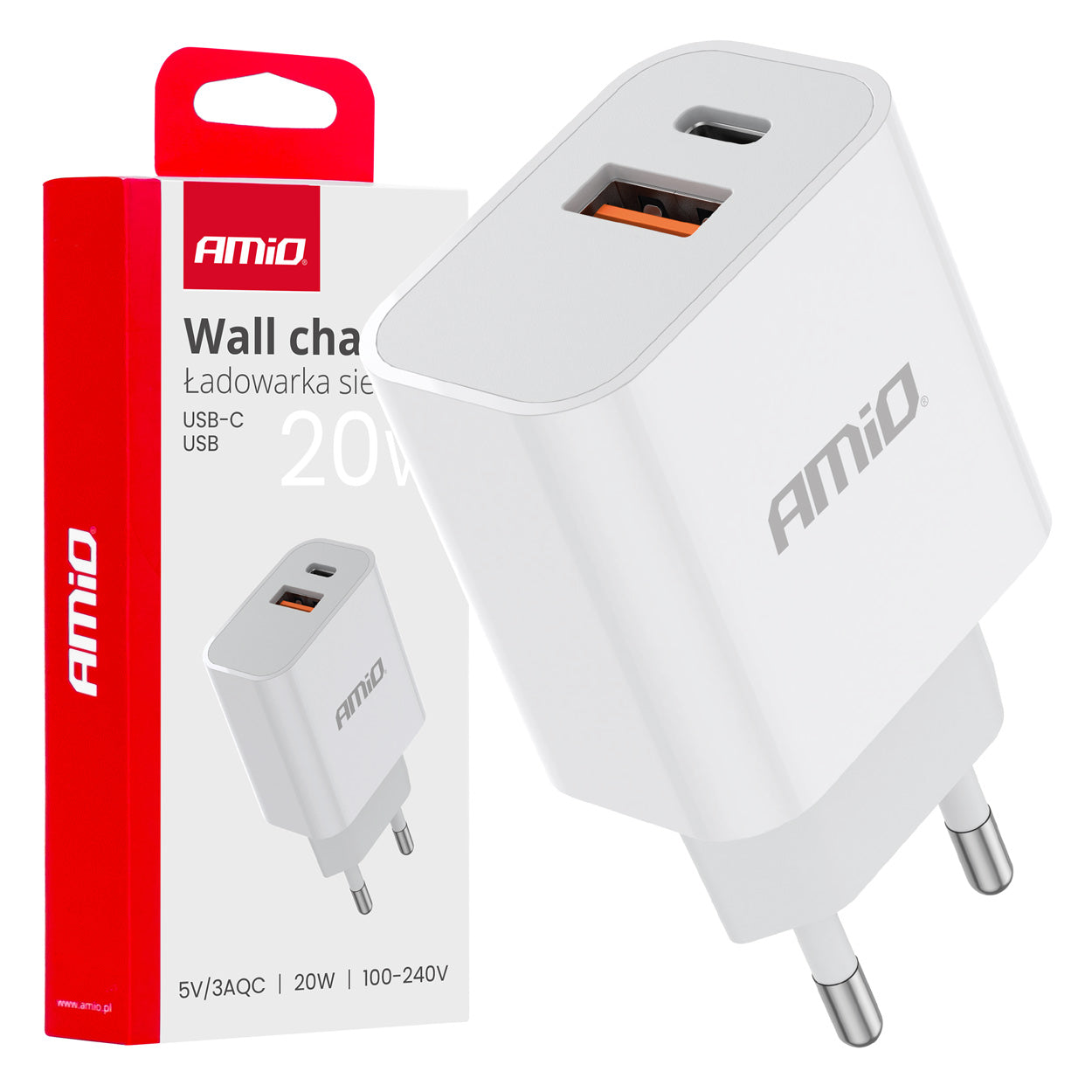 Placas de pared blancas con USB-C y USB-A para carga de 20W