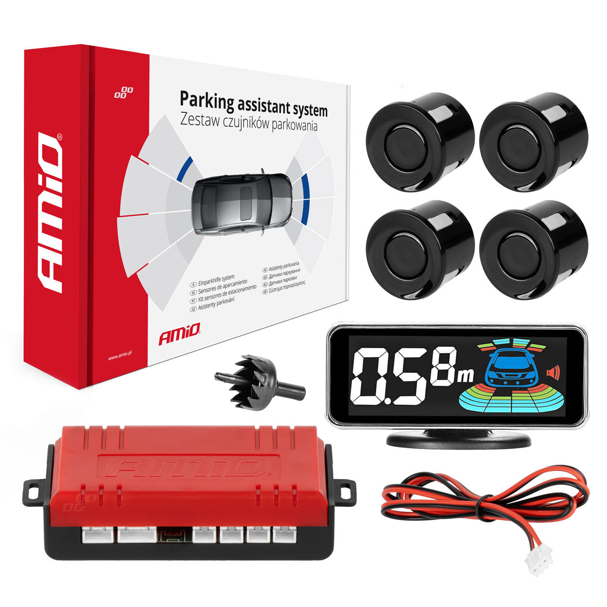 Parkeringssensorer med 3D LED-display og fire sorte sensorer