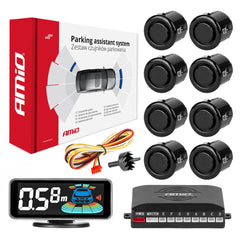 Parkeringsassistentsystem med 8 sorte 18 mm sensorer og LED-display
