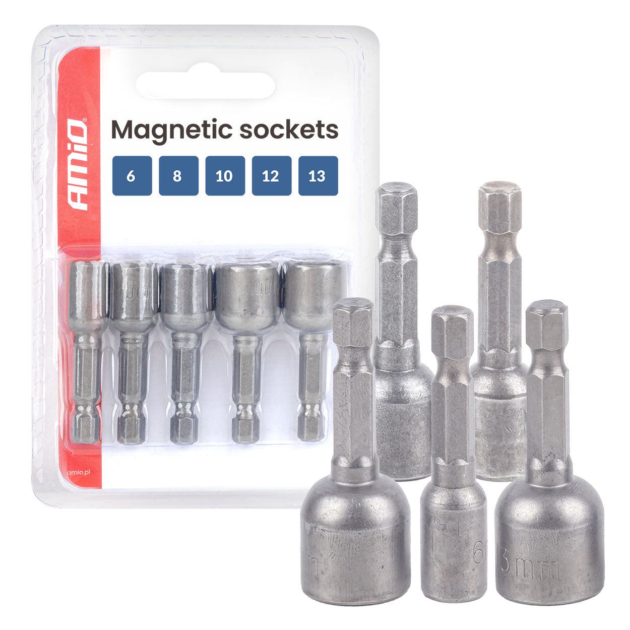 Juego de cinco vasos magnéticos en tamaños de 6, 8, 10, 12 y 13 mm