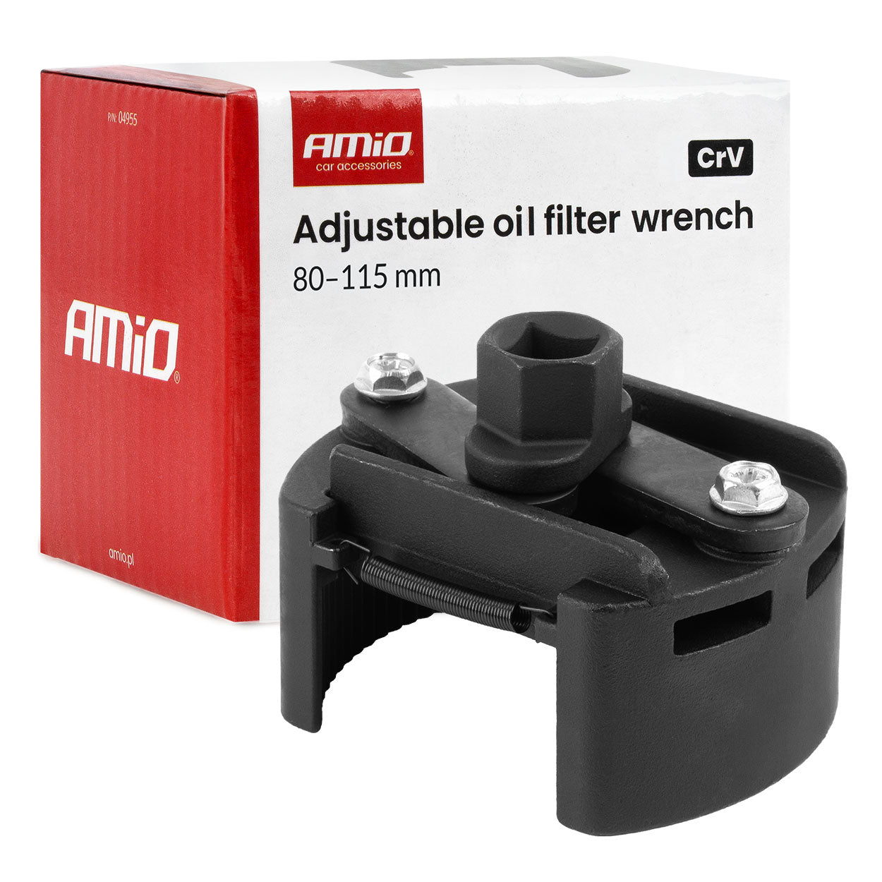 Llave ajustable para filtro de aceite en acero CrV con rango de trabajo de 80-115 mm