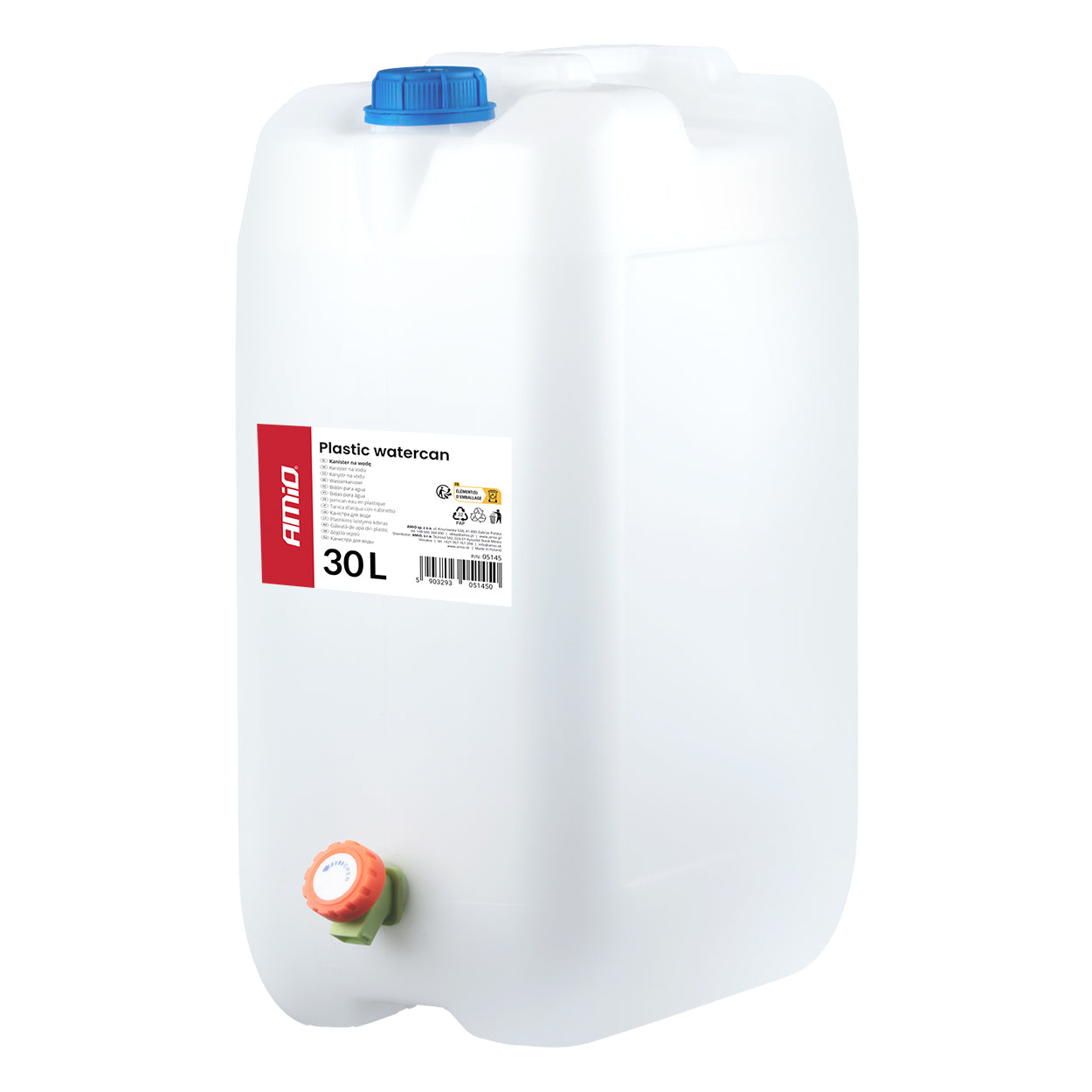 Bidón de agua blanco de 30 litros con grifo y asa de transporte