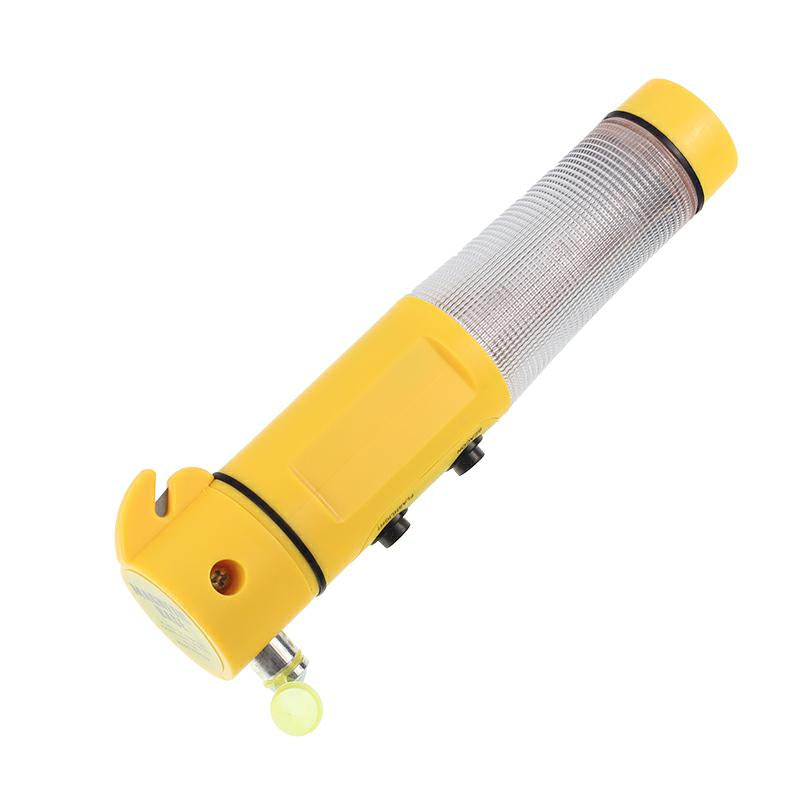 Linterna de emergencia LED con luz de advertencia, cortacinturones y rompecristales