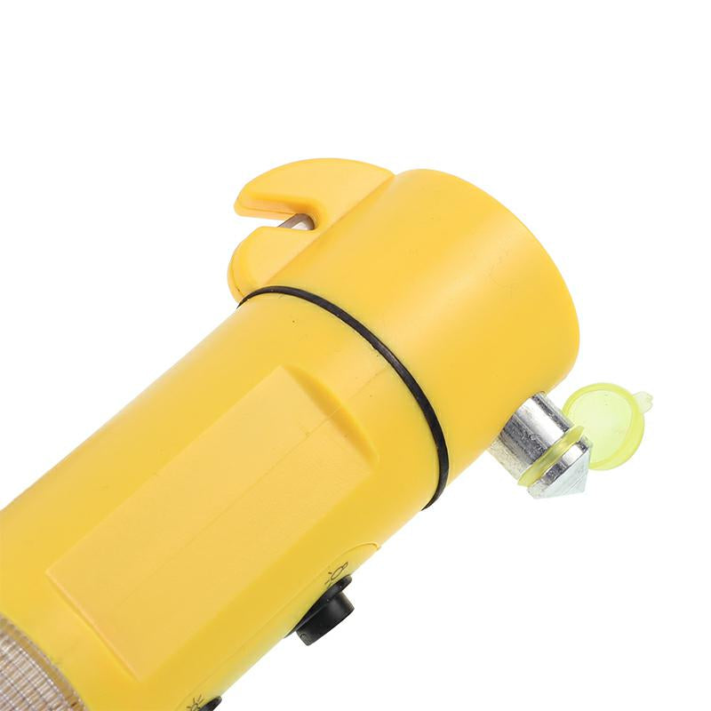 Linterna de emergencia LED con luz de advertencia, cortacinturones y rompecristales