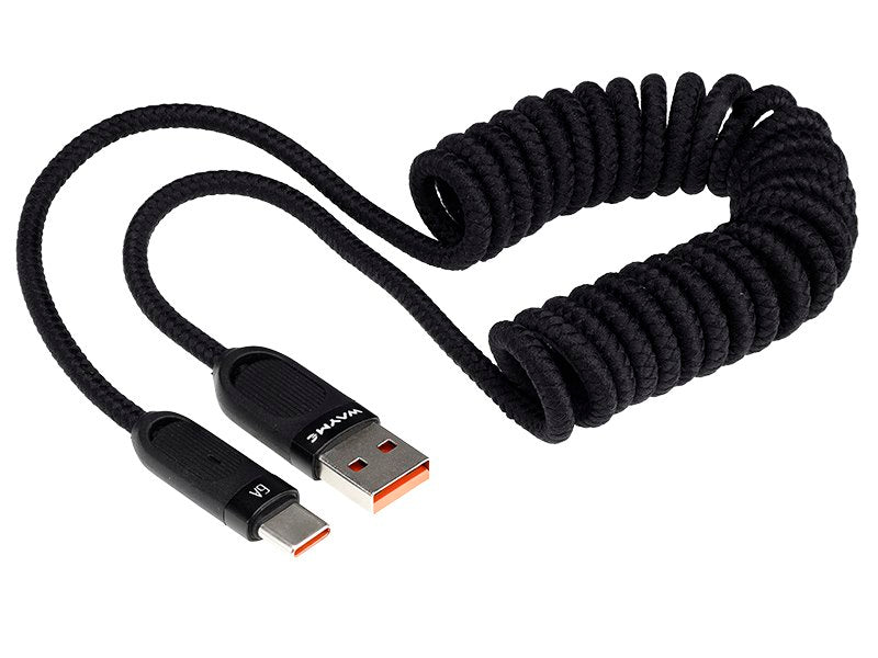 Cable de carga USB-C WAYME con diseño en espiral en color negro, 50-180 cm