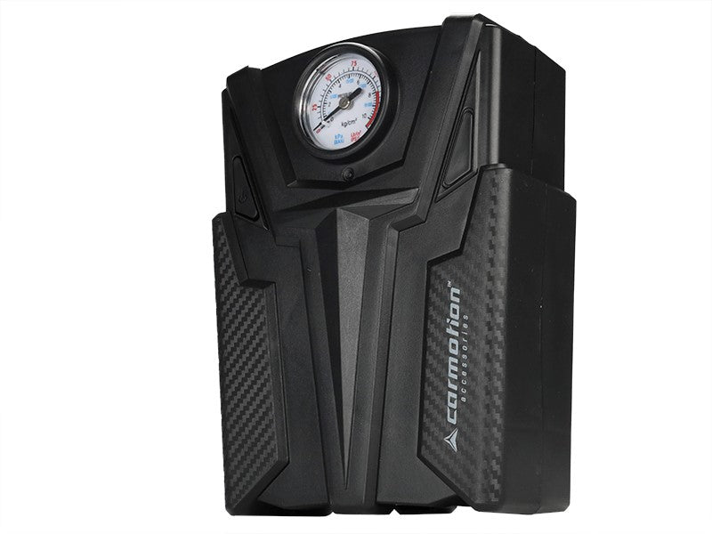 Compresor de aire 12V con manguera y espacio de almacenamiento para adaptadores