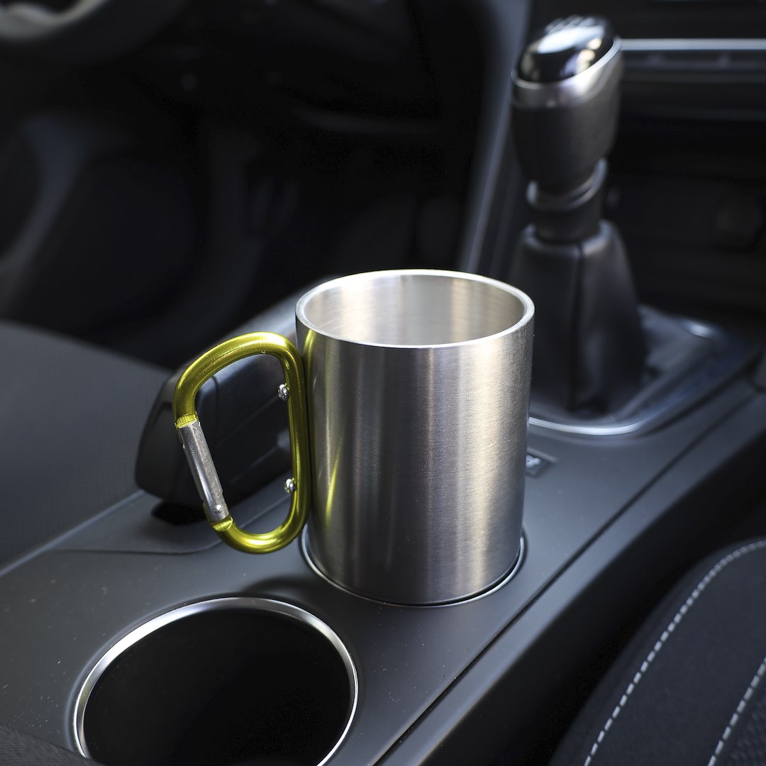 Taza de acero de 300 ml con mosquetón en el asa