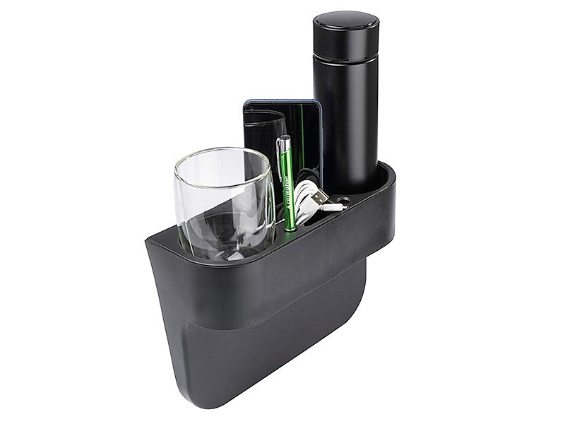 Organizador negro para coche con portavasos y compartimentos para pequeños objetos