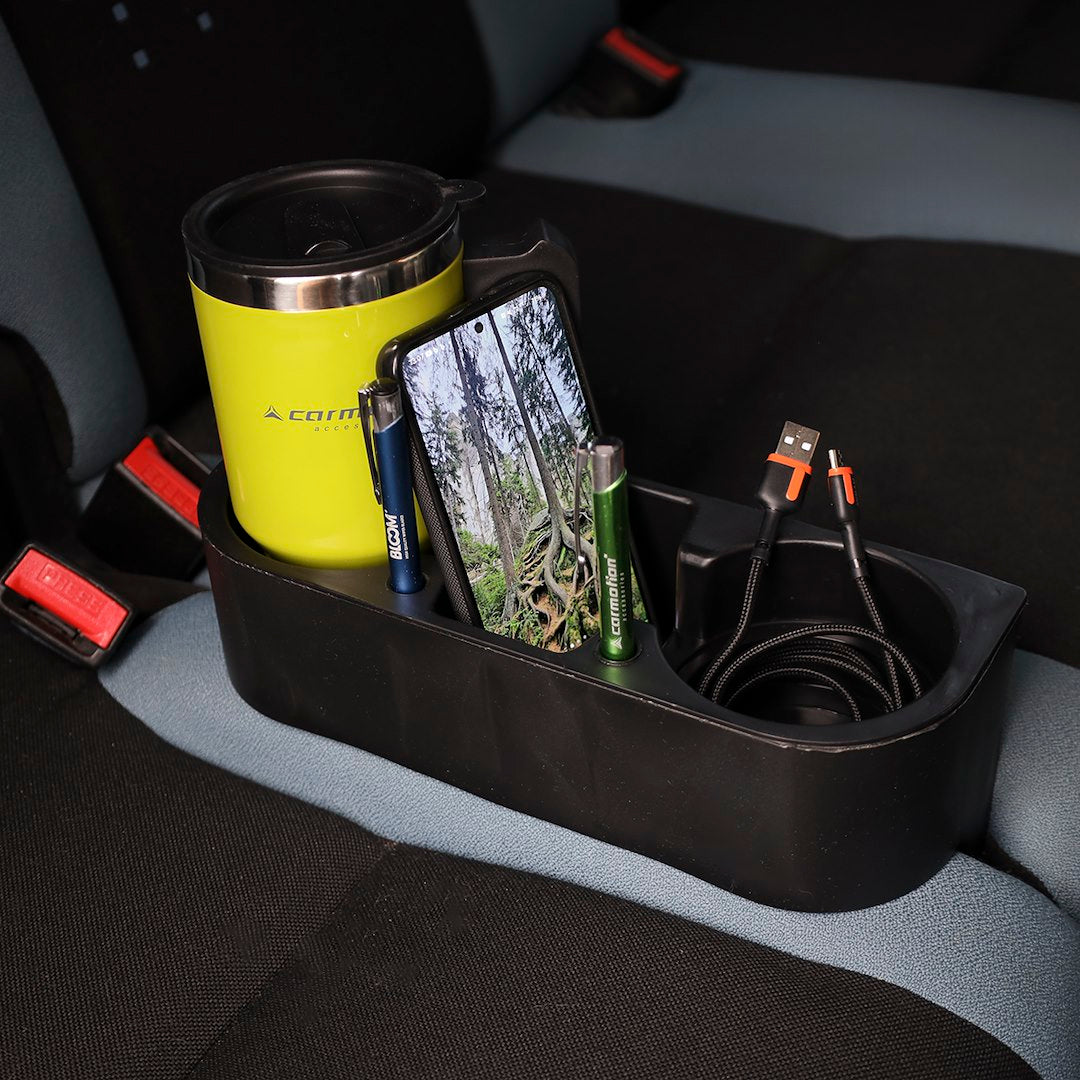 Portavasos y organizador negro para coche con espacio para vasos y botellas