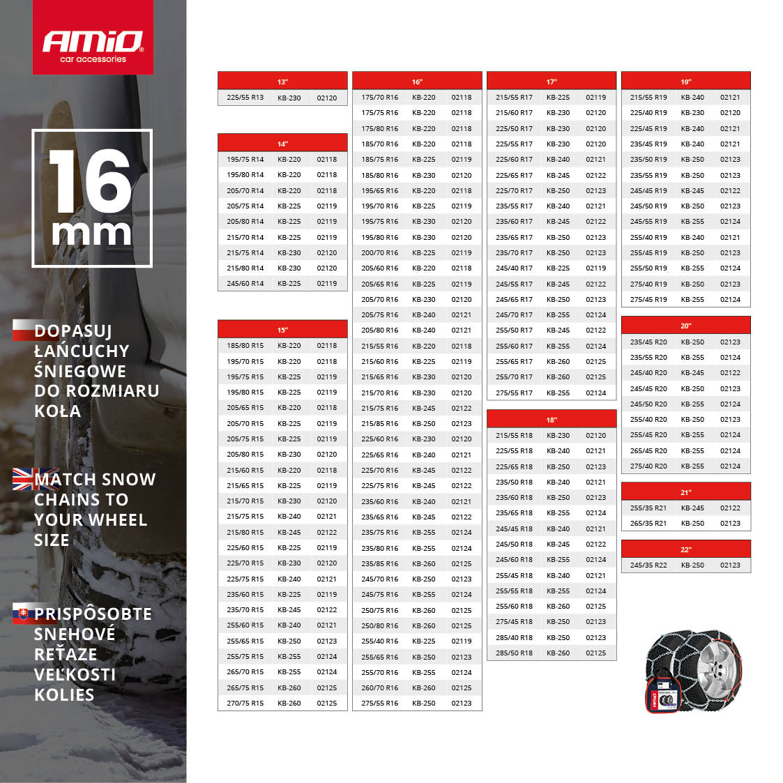 Montaje de cadenas para nieve 16 mm KB-250